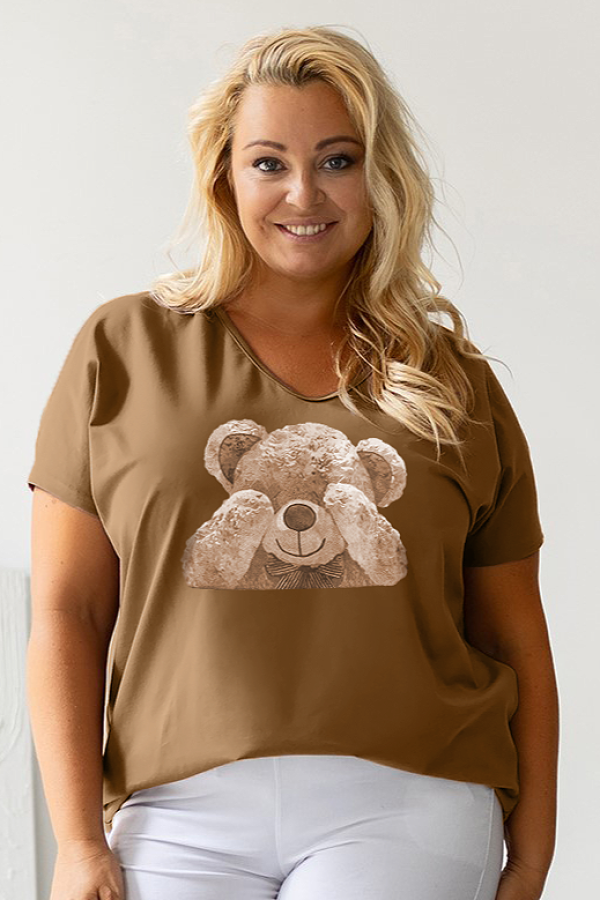 T-shirt plus size w kolorze orzechowym print miś teddy BEAR