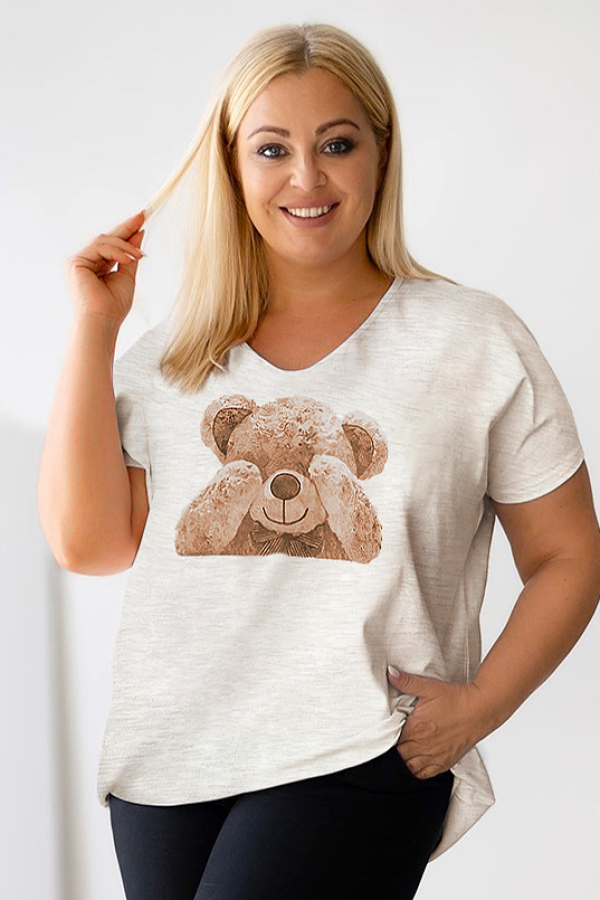 T-shirt plus size w kolorze beżowego melanżu print miś teddy BEAR