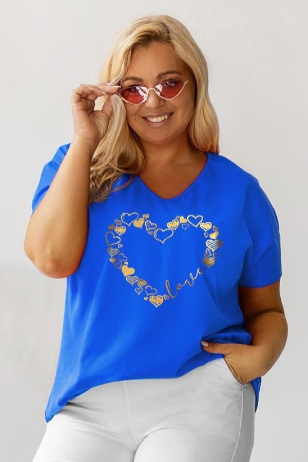 Bluzka damska T-shirt plus size w kolorze niebieskim złoty nadruk serduszka hearts