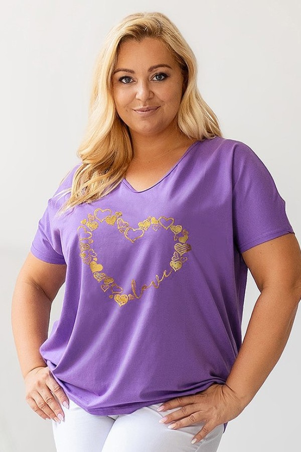 Bluzka damska T-shirt plus size w kolorze lila fiolet złoty nadruk serduszka hearts