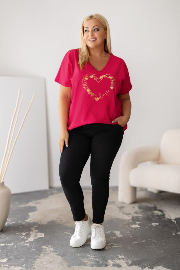 Bluzka damska T-shirt plus size w kolorze fuksji złoty nadruk serduszka hearts 1