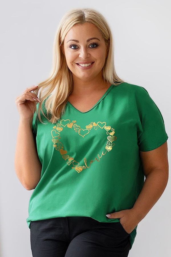 Bluzka damska T-shirt plus size w kolorze zielonym złoty nadruk serduszka hearts