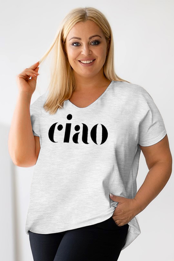 T-shirt damski plus size w kolorze szarego melanżu dekolt w serek V-neck napis CIAO 2