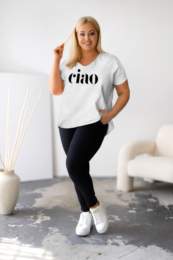 T-shirt damski plus size w kolorze szarego melanżu dekolt w serek V-neck napis CIAO 1