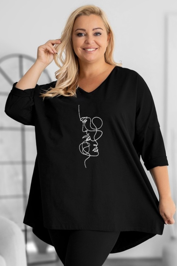 Tunika plus size w kolorze czarnym oversize dekolt V twarze maski DITA