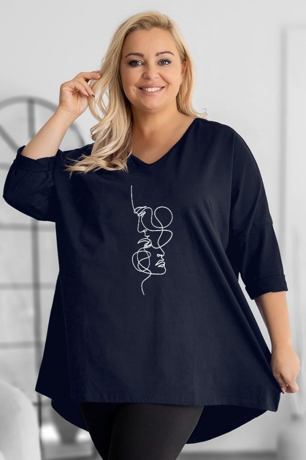 Tunika plus size w kolorze granatowym oversize dekolt V twarze maski DITA