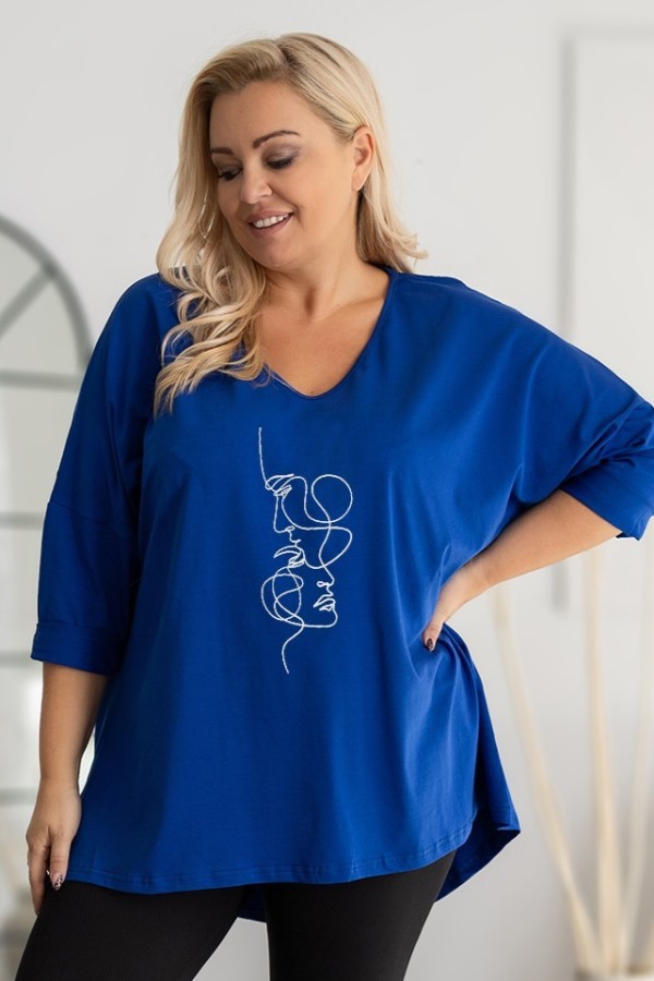 Tunika plus size w kolorze kobaltowym oversize dekolt V twarze maski DITA 2