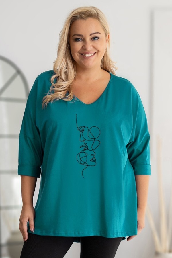 Tunika plus size w kolorze morskim oversize dekolt V twarze maski DITA