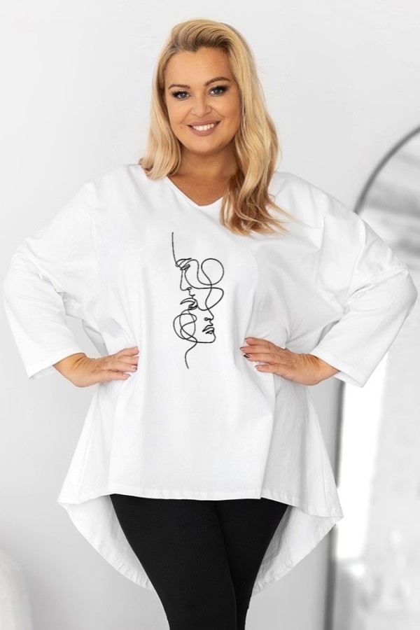 Tunika plus size w kolorze białym oversize dekolt V twarze maski DITA 2