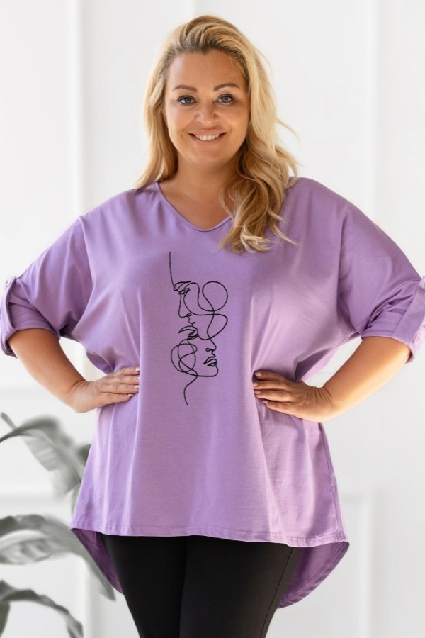 Tunika plus size w kolorze wrzosowym oversize dekolt V twarze maski DITA 2