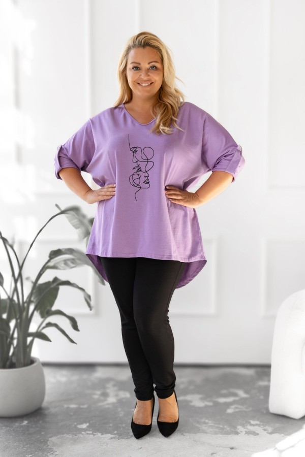 Tunika plus size w kolorze wrzosowym oversize dekolt V twarze maski DITA 1
