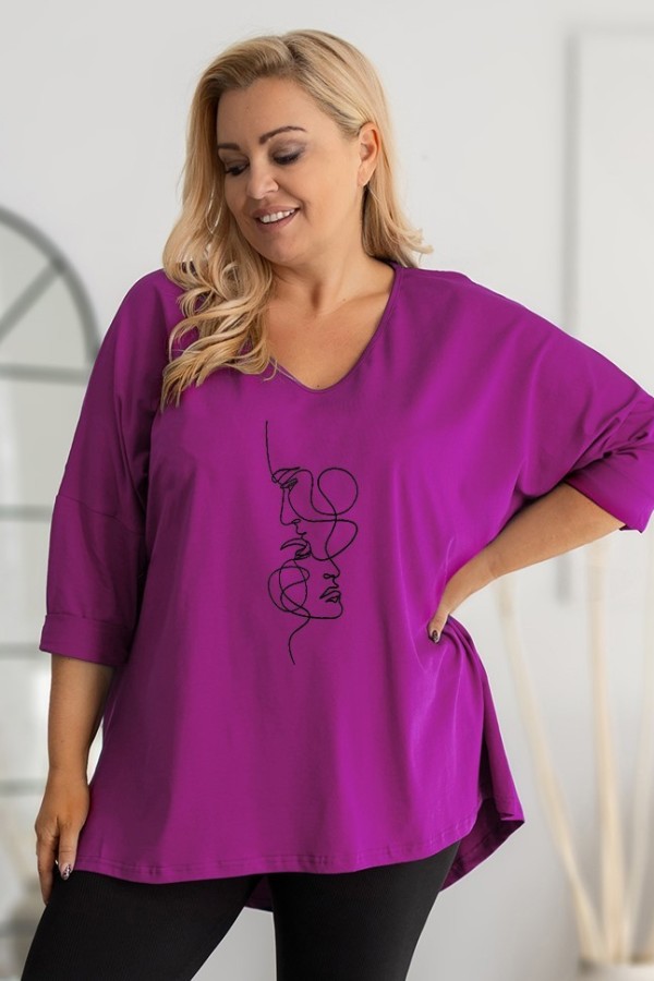 Tunika plus size w kolorze magenta oversize dekolt V twarze maski DITA