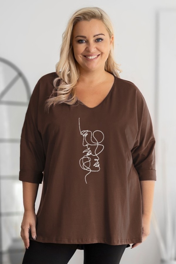 Tunika plus size w kolorze brązowym oversize dekolt V twarze maski DITA 2
