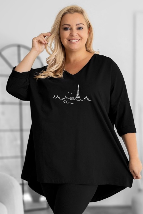 Tunika damska plus size w kolorze czarnym oversize nadruk miasta Paris