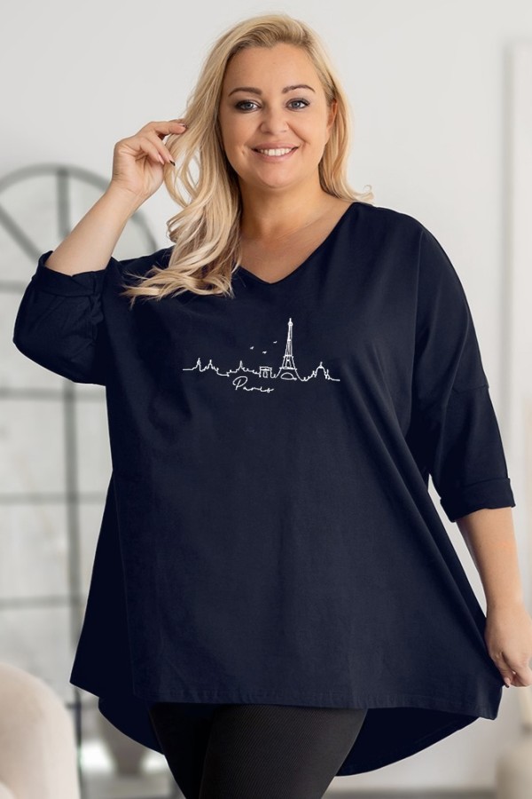 Tunika damska plus size w kolorze czarnego granatu oversize nadruk miasta Paris