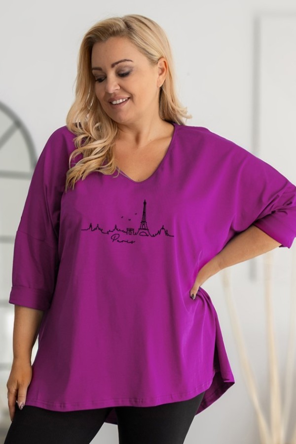 Tunika damska plus size w kolorze magenta oversize nadruk miasta Paris