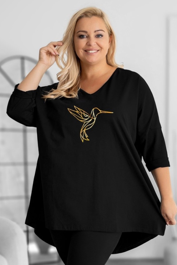 Tunika damska plus size w kolorze czarnym oversize złoty nadruk koliber Riky