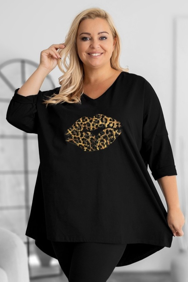 Tunika damska plus size w kolorze czarnym oversize narduk panterkowe usta WILL