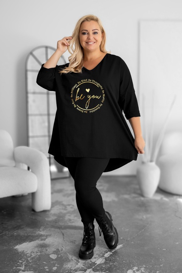 Tunika damska plus size w kolorze czarnym oversize złoty nadruk napisy be you HIRA 1