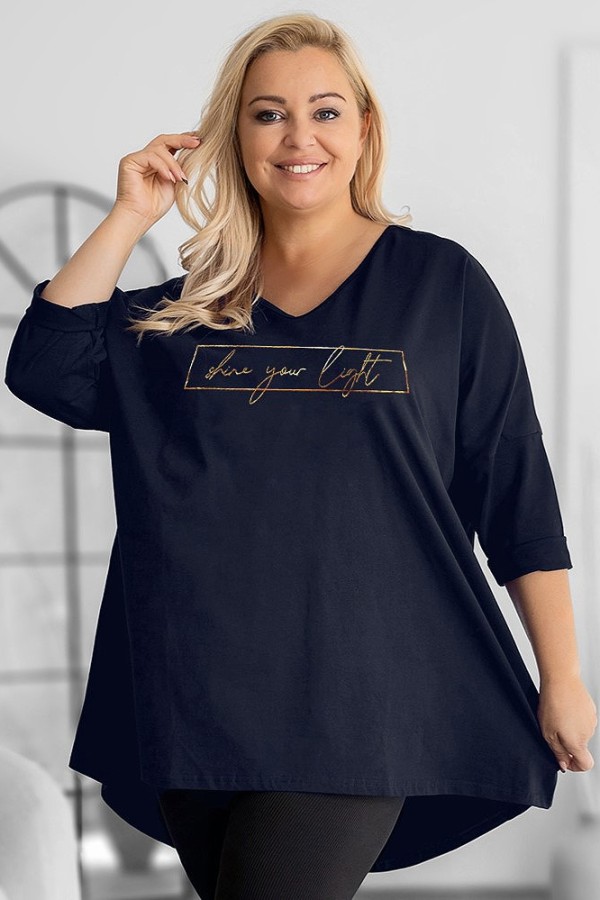 Tunika damska plus size w kolorze granatowym oversize złoty nadruk shine your light AIRA