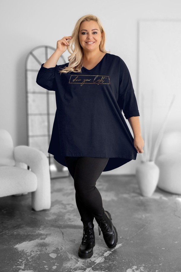 Tunika damska plus size w kolorze granatowym oversize złoty nadruk shine your light AIRA 1