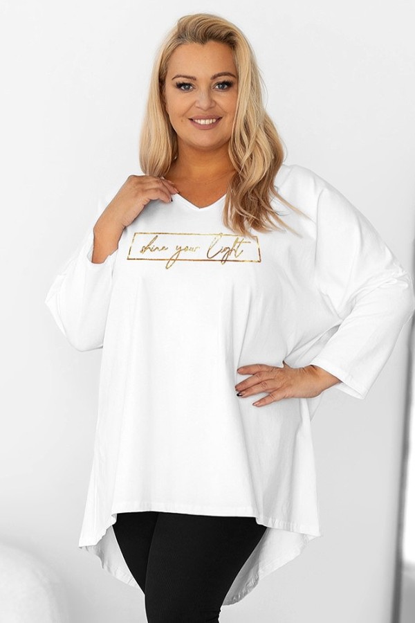 Tunika damska plus size w kolorze białym oversize złoty nadruk shine your light AIRA