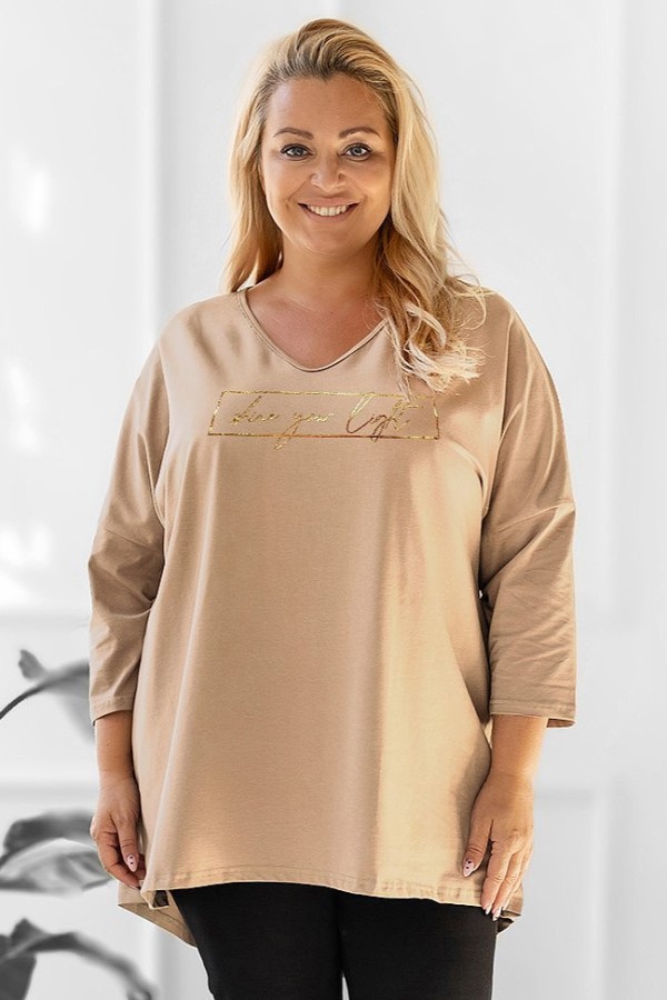 Tunika damska plus size w kolorze beżowym oversize złoty nadruk shine your light AIRA