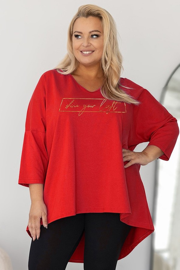 Tunika damska plus size w kolorze czerwonym oversize złoty nadruk shine your light AIRA