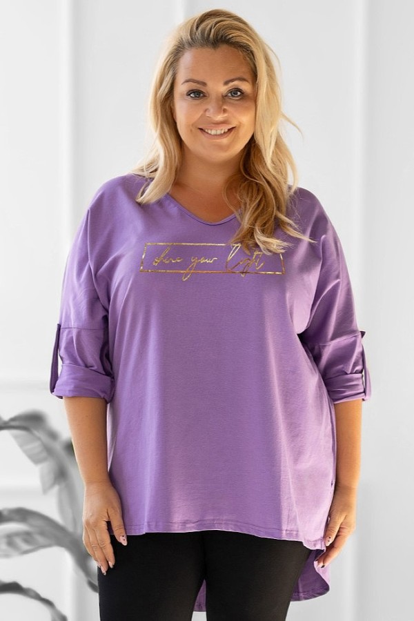 Tunika damska plus size w kolorze lila fiolet oversize złoty nadruk shine your light AIRA 2