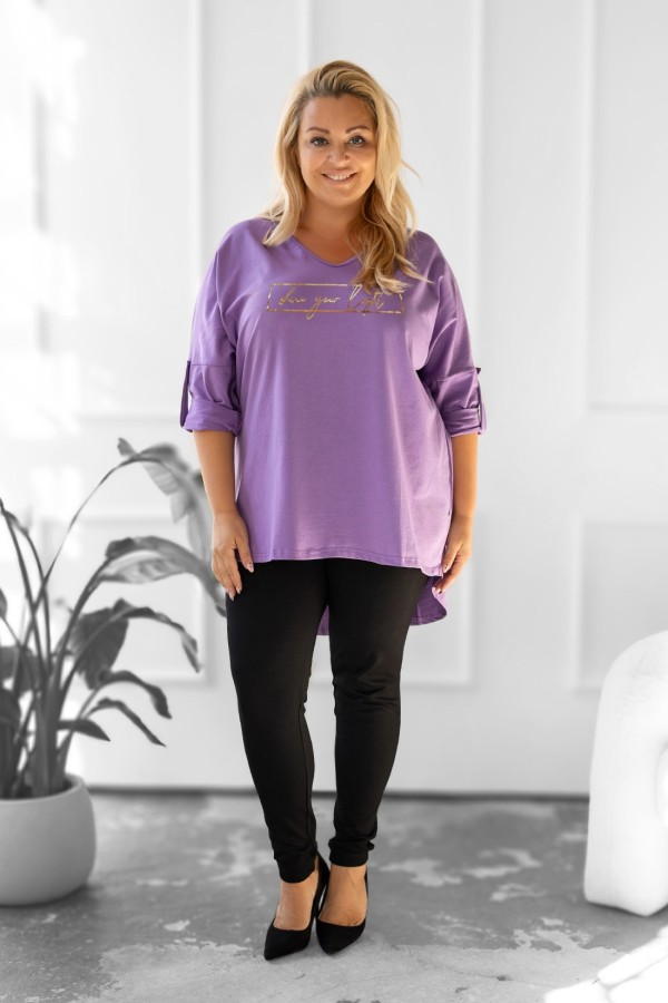 Tunika damska plus size w kolorze lila fiolet oversize złoty nadruk shine your light AIRA 1