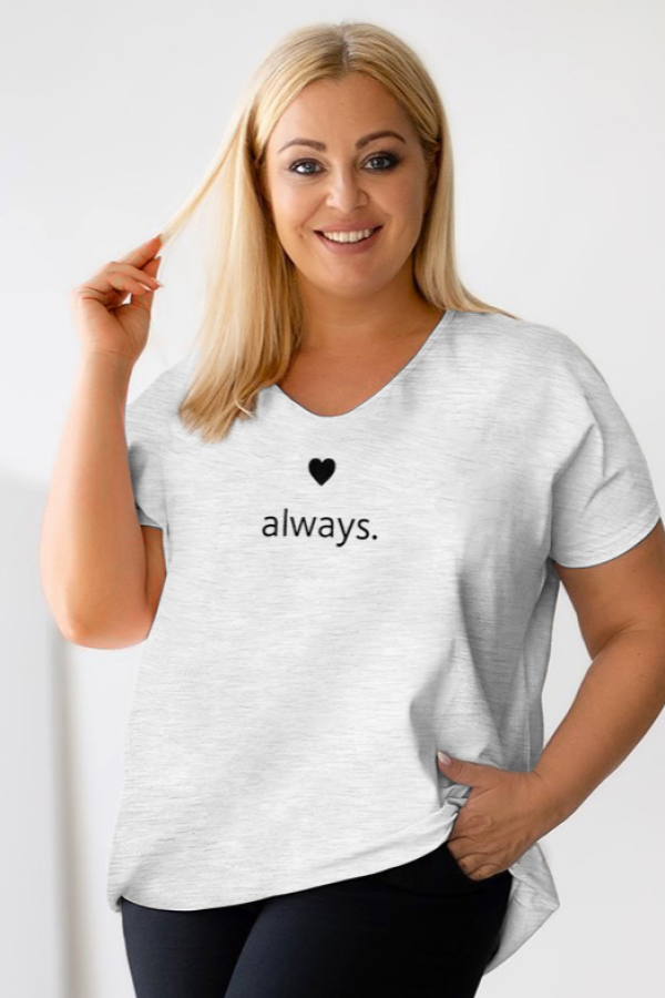 T-shirt damski plus size w kolorze szary melanż dekolt w serek V-neck nadruk always serduszko NOLA