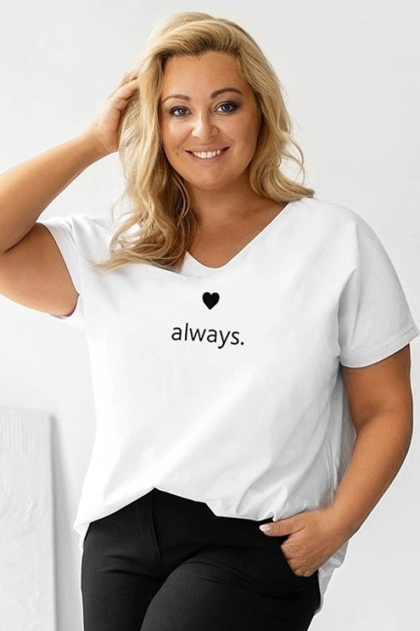 T-shirt damski plus size w kolorze białym dekolt w serek V-neck nadruk always serduszko NOLA