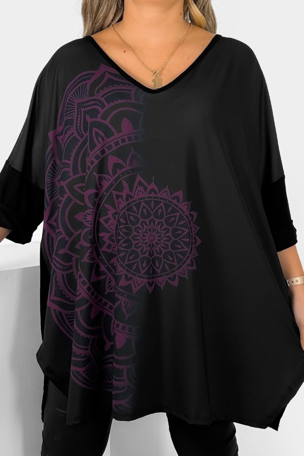 Tunika plus size dekolt w serek V wzór burgundowa mandala rękaw 3/4 Weenie