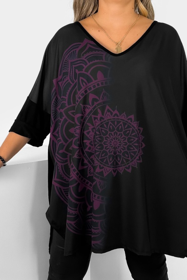 Tunika plus size dekolt w serek V wzór burgundowa mandala rękaw 3/4 Weenie 1