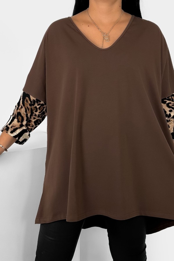 Tunika plus size w kolorze brązowym oversize dekolt V print zwierzęcy ZYTA 1