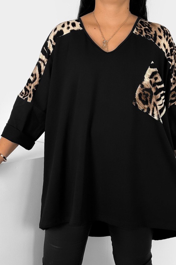 Tunika plus size w kolorze czarnym oversize dekolt V print zwierzęcy kieszeń MARRA 1