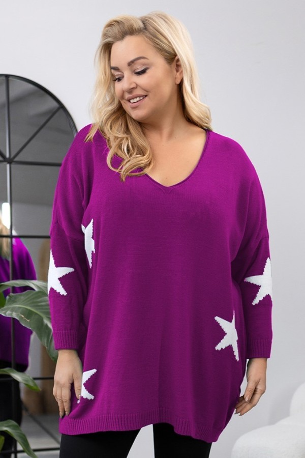 MEGA oversize sweter damski w kolorze magenta dekolt V gwiazdki MURAT