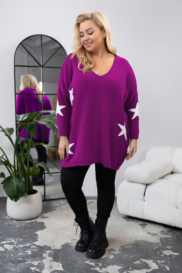 MEGA oversize sweter damski w kolorze magenta dekolt V gwiazdki MURAT 1