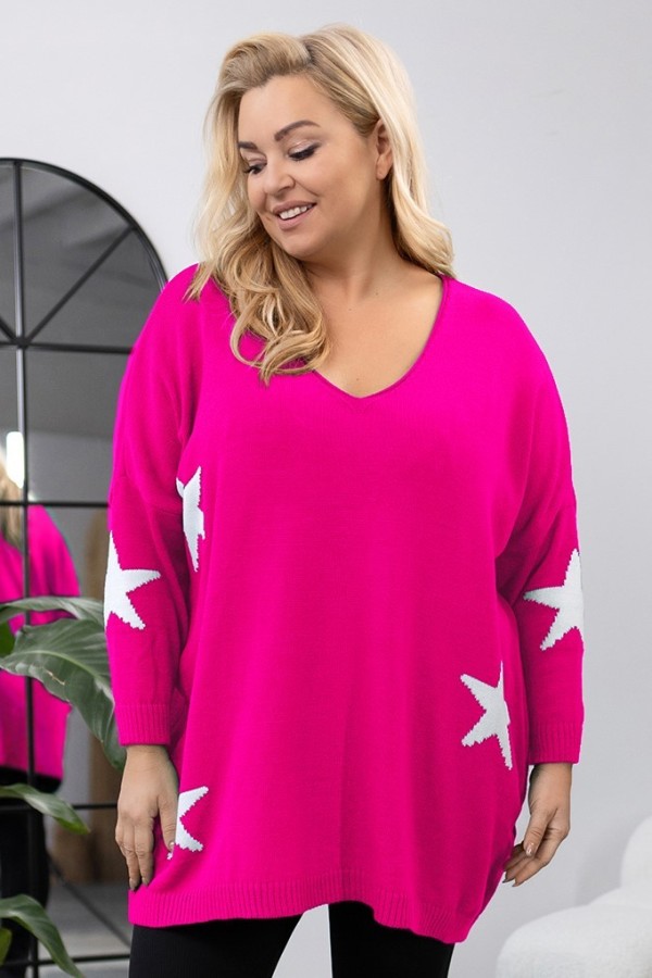 MEGA oversize sweter damski w kolorze neon róż dekolt V gwiazdki MURAT