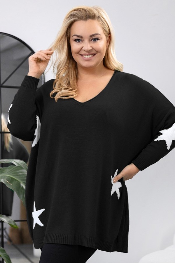 MEGA oversize sweter damski w kolorze czarnym dekolt V gwiazdki MURAT