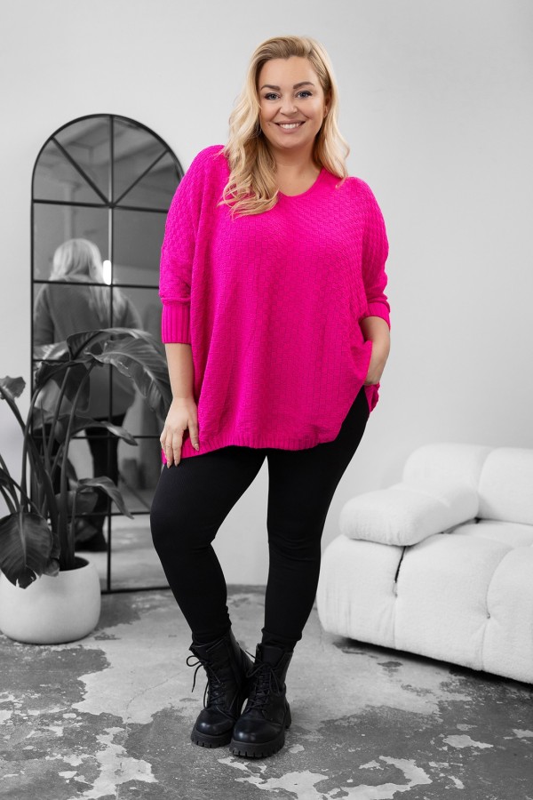 MEGA oversize sweter damski w kolorze neon róż dekolt V wytłaczany DEZI 1