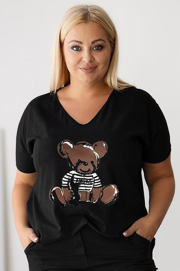 Bluzka damska T-shirt plus size w kolorze czarnym nadruk miś teddy