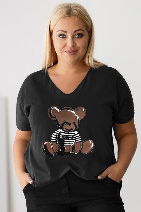 Bluzka damska T-shirt plus size w kolorze antracytowym nadruk miś teddy