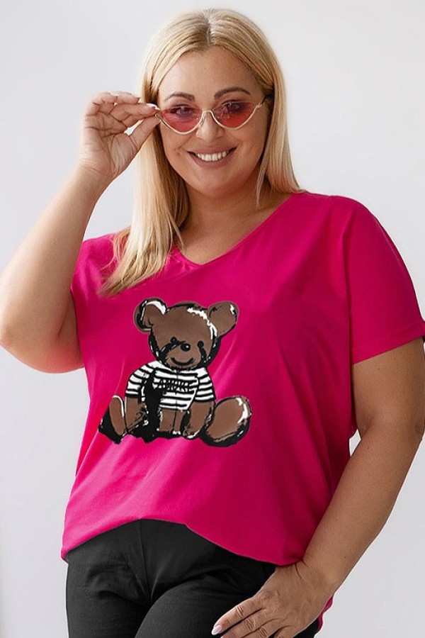 Bluzka damska T-shirt plus size w kolorze fuksji nadruk miś teddy