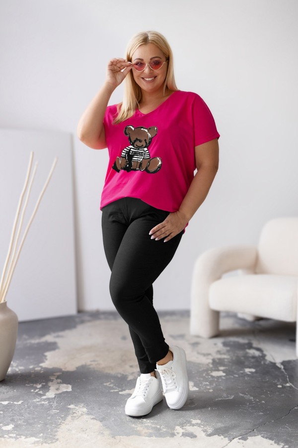 Bluzka damska T-shirt plus size w kolorze fuksji nadruk miś teddy 1