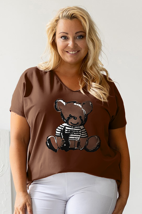 Bluzka damska T-shirt plus size w kolorze brązowym nadruk miś teddy