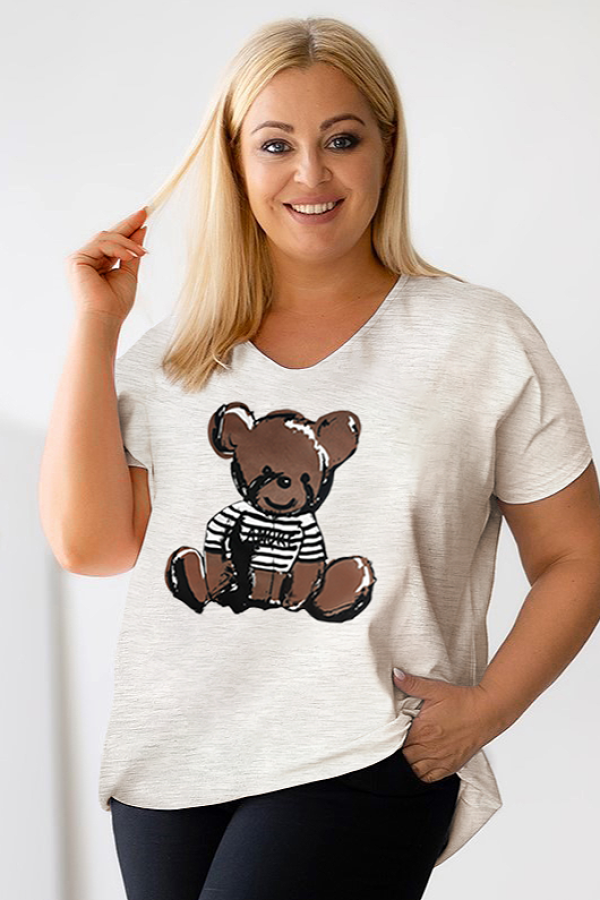 Bluzka damska T-shirt plus size w kolorze beżowego melanżu nadruk miś teddy