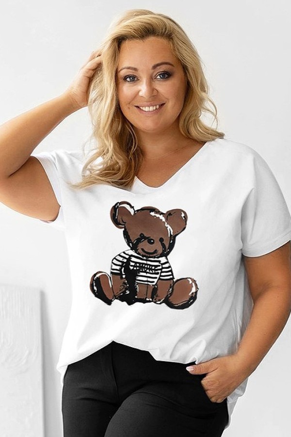 Bluzka damska T-shirt plus size w kolorze białym nadruk miś teddy