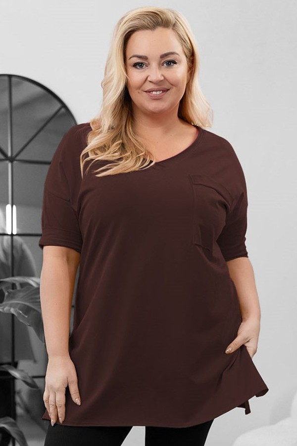 Tunika damska w kolorze czekoladowym oversize v-neck kieszeń Polina