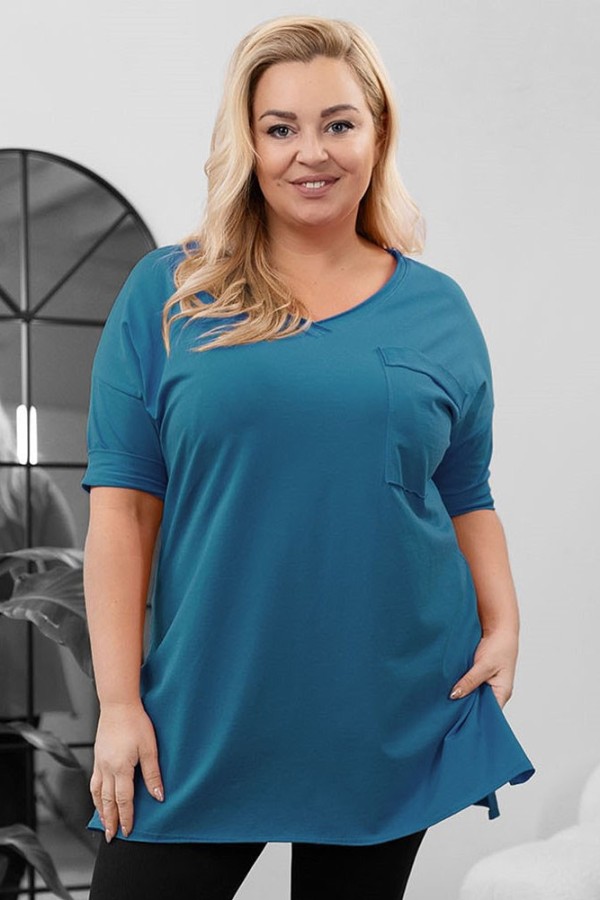 Tunika damska w kolorze morskim bluzka oversize v-neck kieszeń Polina